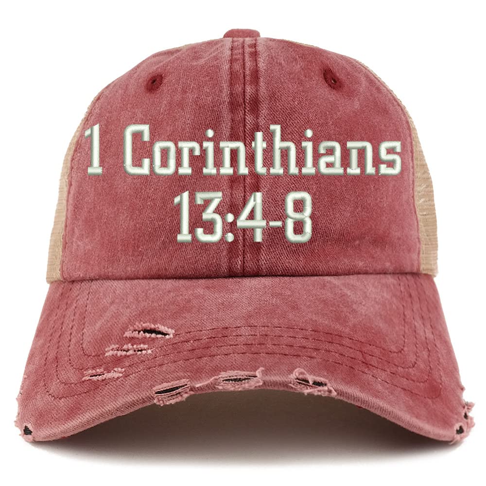 Trendy Apparel Shop 1 Corinthians 13:4-8 Frayed Bill Trucker Mesh Back Cap