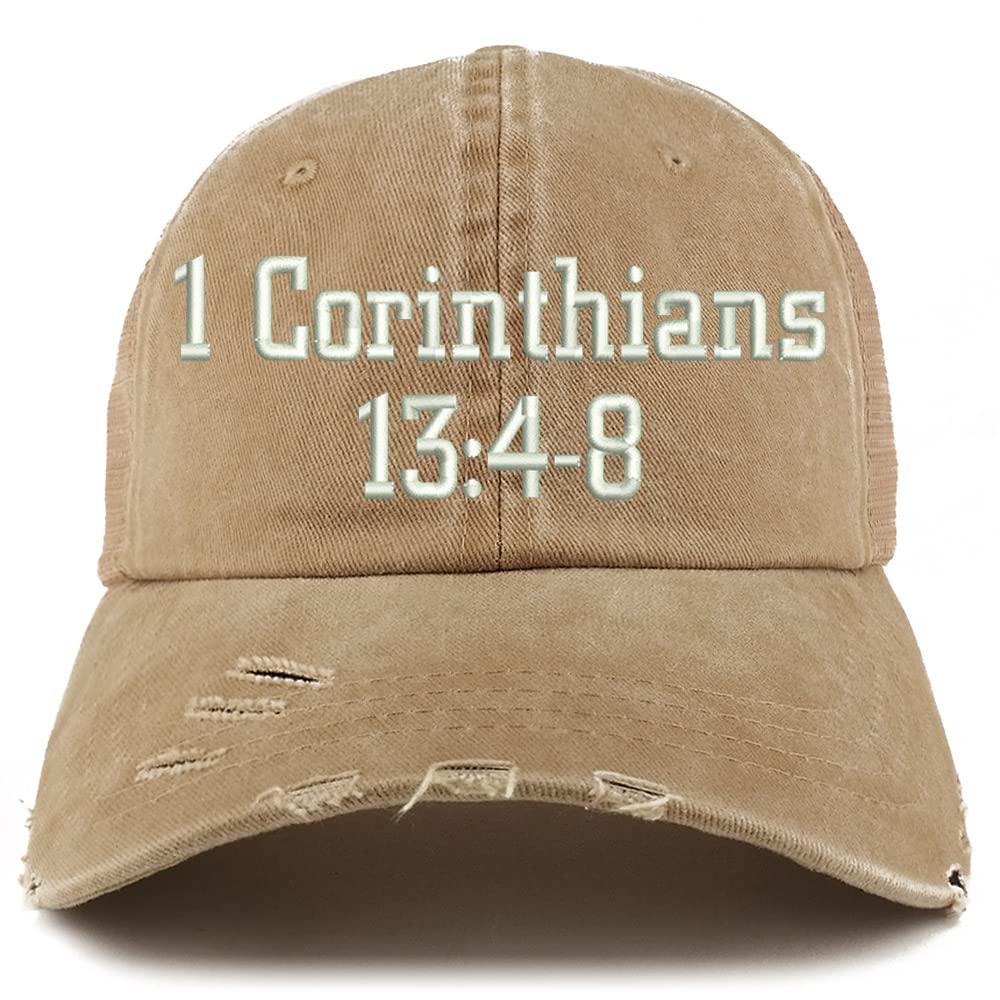 Trendy Apparel Shop 1 Corinthians 13:4-8 Frayed Bill Trucker Mesh Back Cap