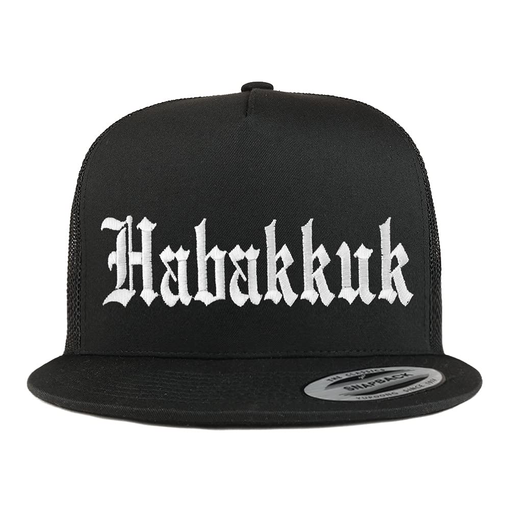 Trendy Apparel Shop Habakkuk Old English 5 Panel Flatbill Trucker Cap