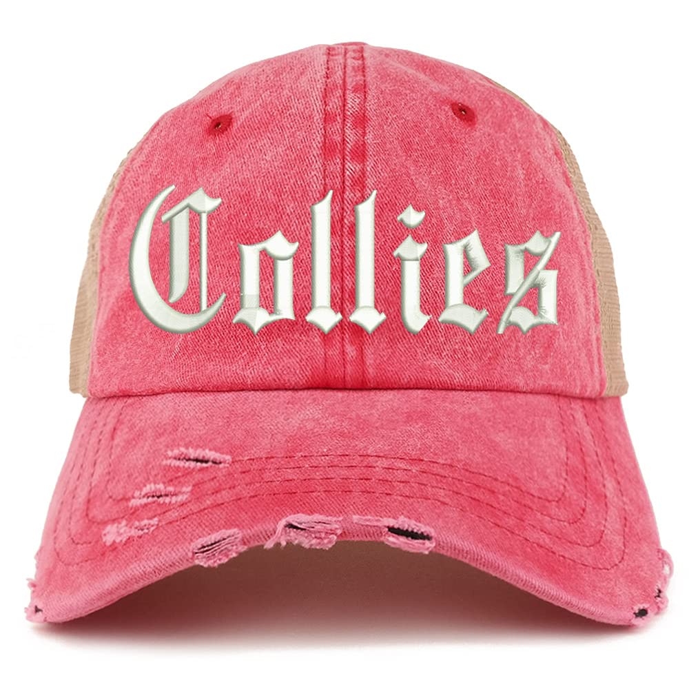 Trendy Apparel Shop Old English Collies Frayed Bill Trucker Mesh Back Cap