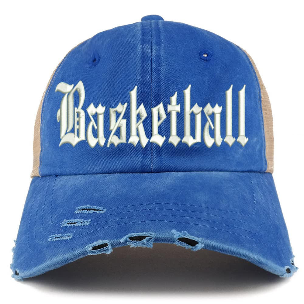Trendy Apparel Shop Old English Basketball Frayed Bill Trucker Mesh Back Cap