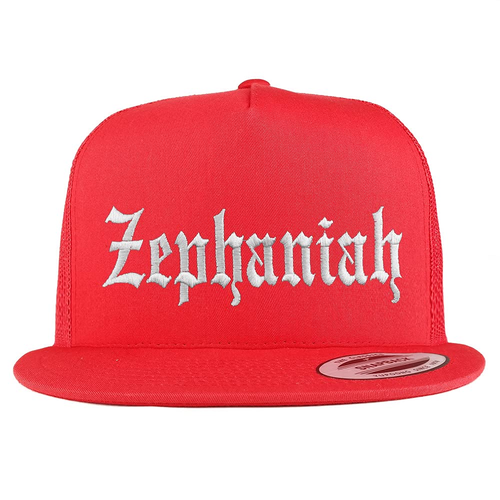 Trendy Apparel Shop Zephaniah Old English 5 Panel Flatbill Trucker Cap