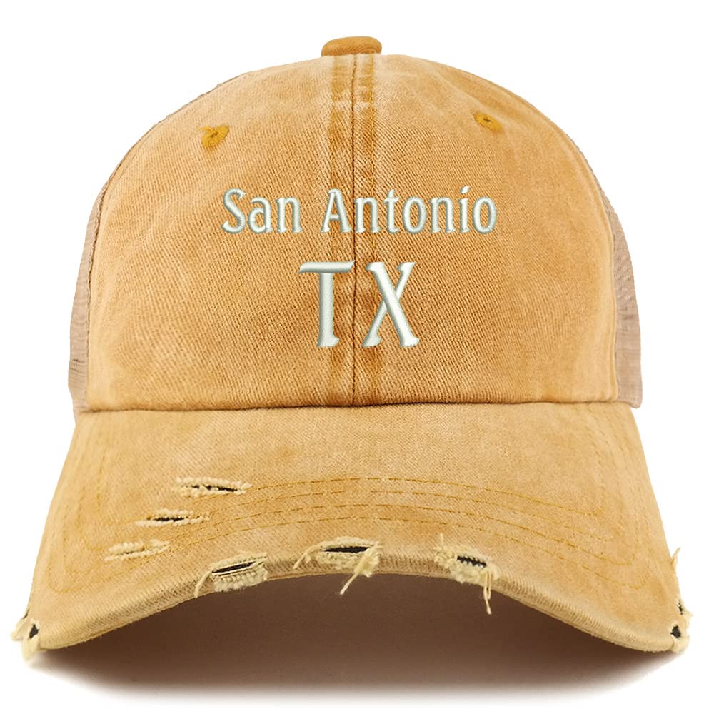 Trendy Apparel Shop San Antonio TX Embroidered Frayed Bill Trucker Mesh Back Cap