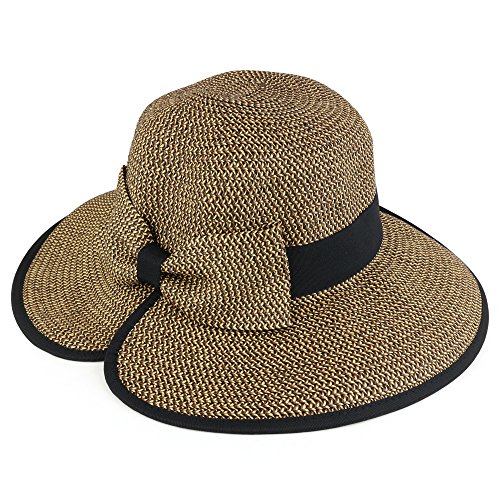 Trendy Apparel Shop UPF 50+ Ladies Split Brim Paper Braid Tweed Hat with Bow