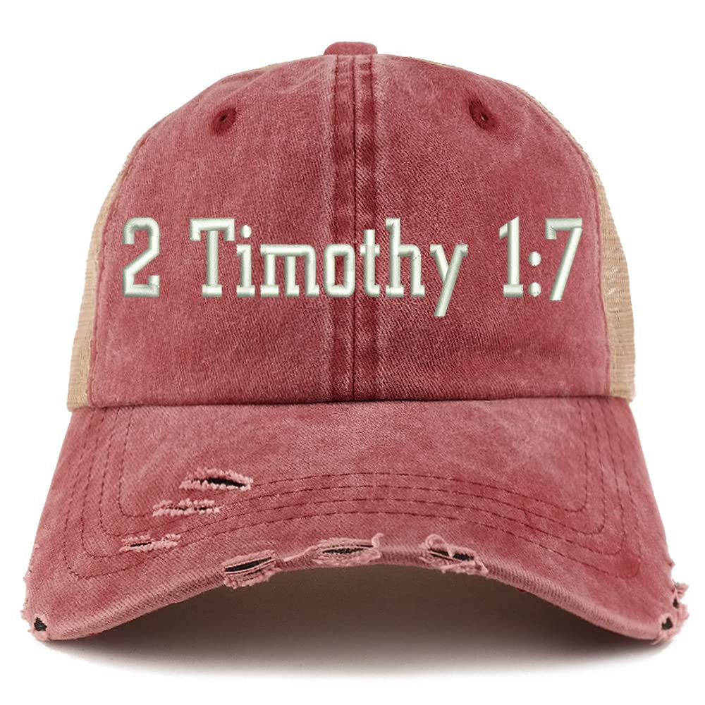 Trendy Apparel Shop 2 Timothy 1: 7 Frayed Bill Trucker Mesh Back Cap