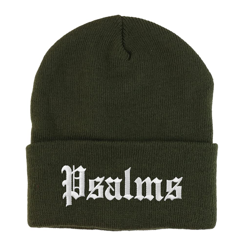 Trendy Apparel Shop Psalms Old English Embroidered Long Cuff Beanie
