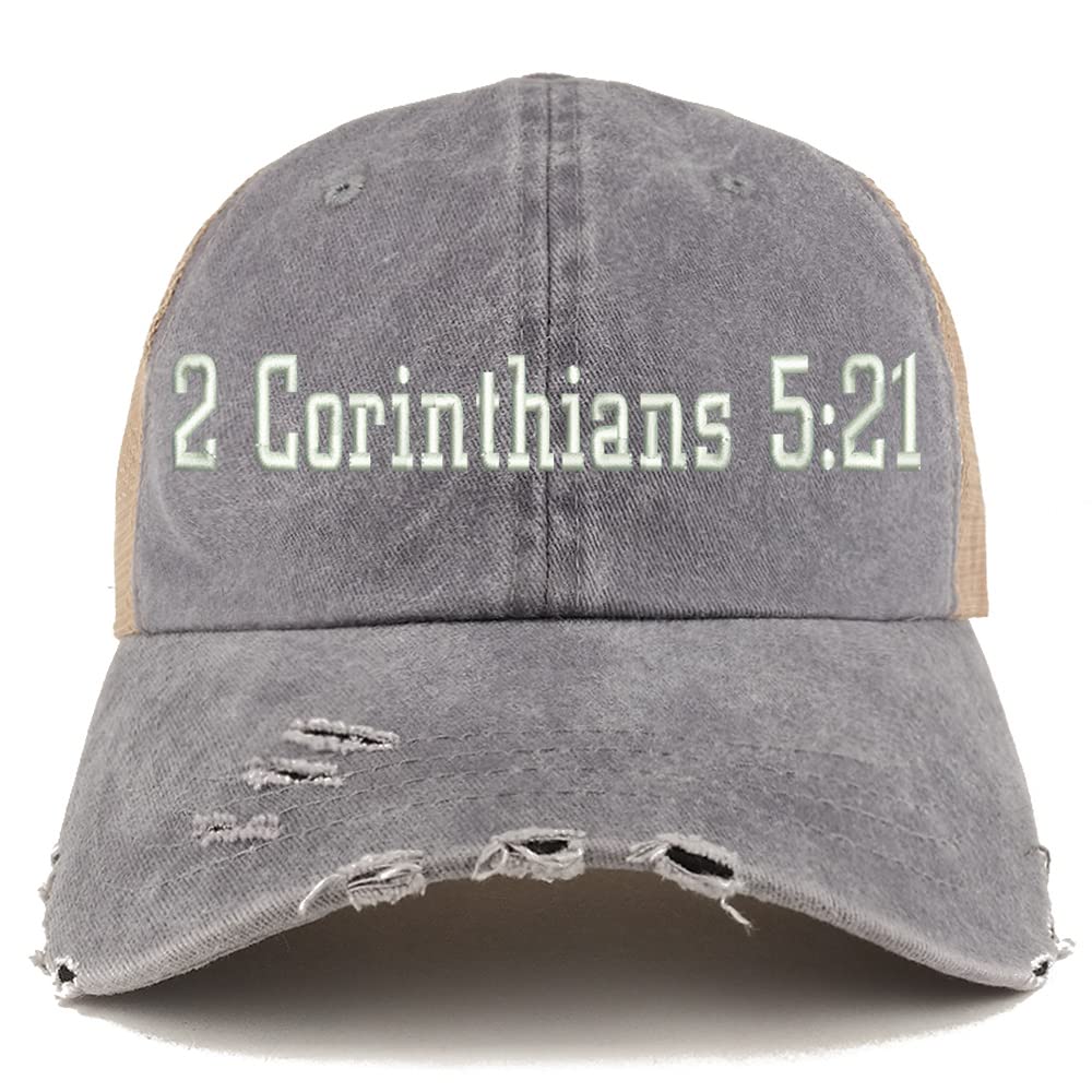 Trendy Apparel Shop 2 Corinthians 5:21 Frayed Bill Trucker Mesh Back Cap