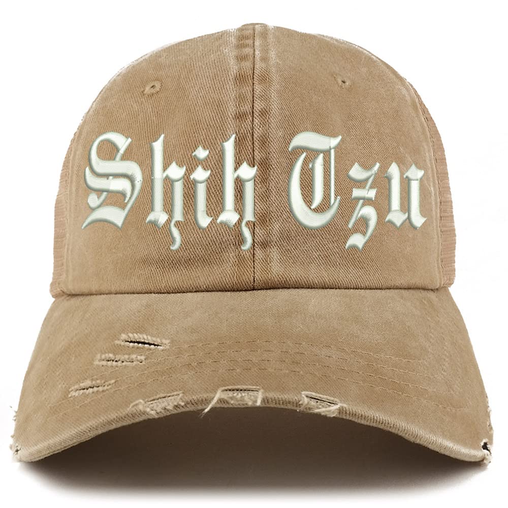 Trendy Apparel Shop Old English Shih Tzu Frayed Bill Trucker Mesh Back Cap