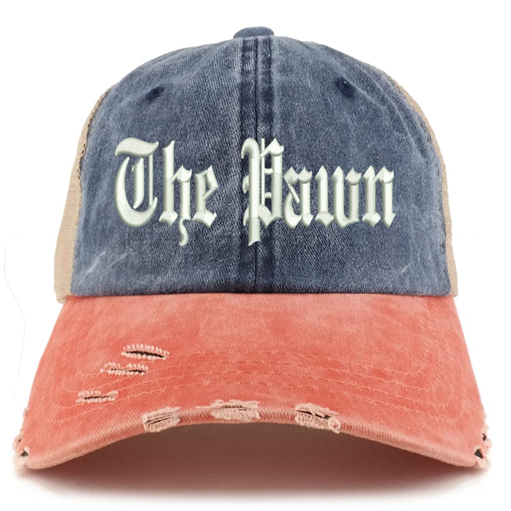 Trendy Apparel Shop The Pawn Old English Embroidered Frayed Bill Trucker Mesh Back Cap