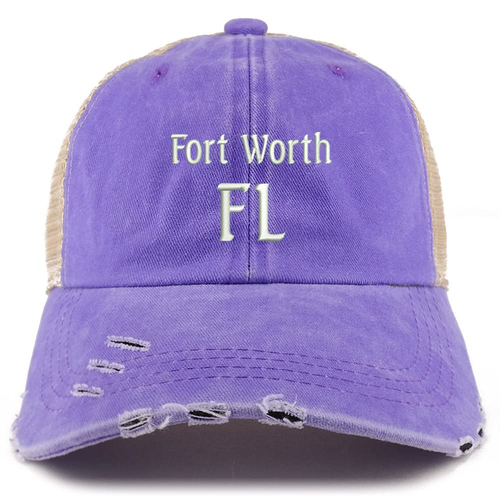 Trendy Apparel Shop Fort Worth FL Embroidered Frayed Bill Trucker Mesh Back Cap