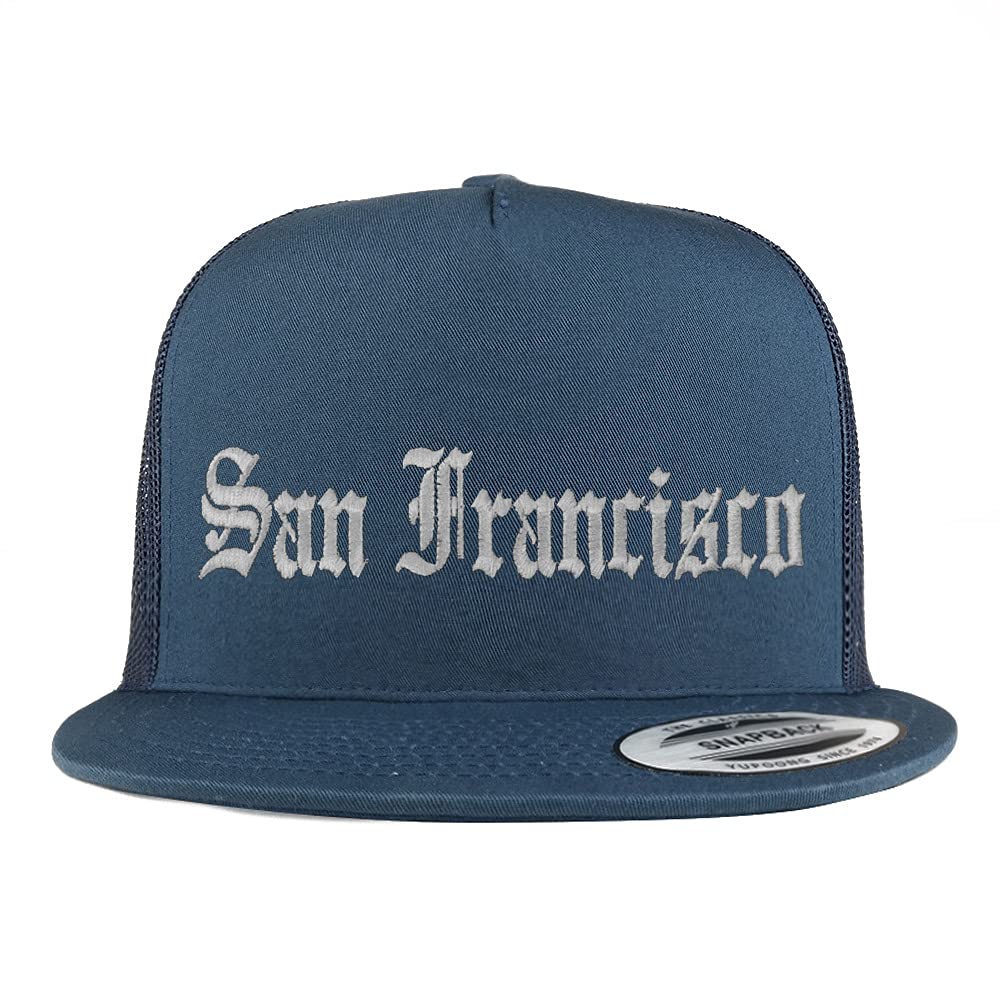 Trendy Apparel Shop San Francisco Old English 5 Panel Flatbill Trucker Cap