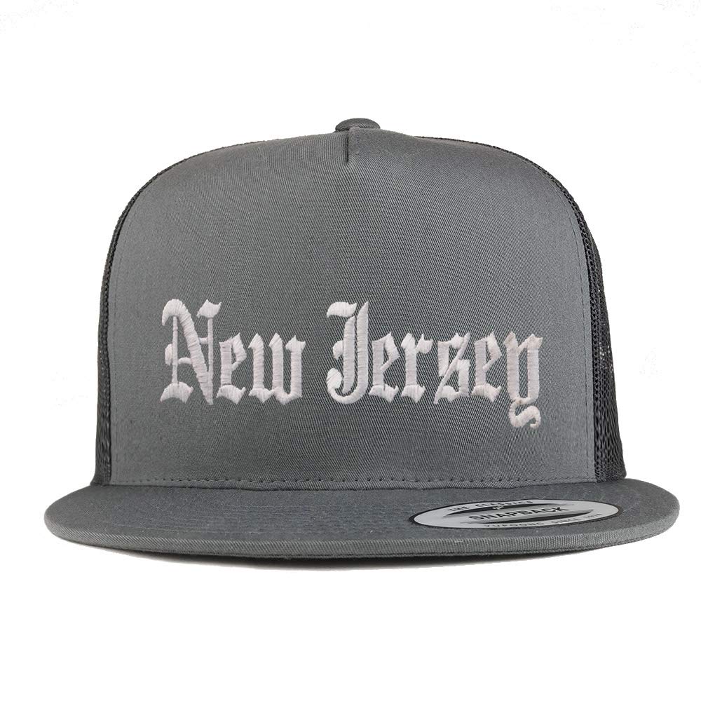 Trendy Apparel Shop New Jersey State Old English 5 Panel Flatbill Trucker Cap