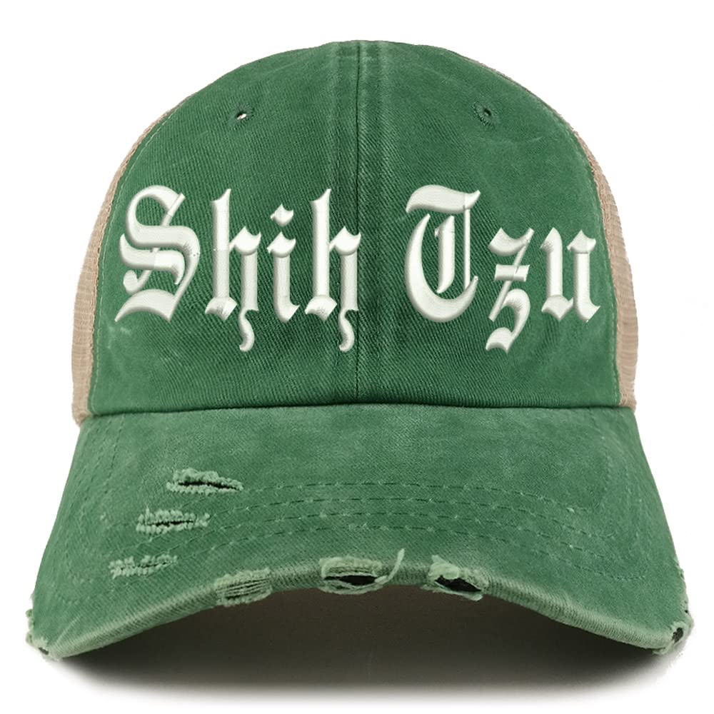 Trendy Apparel Shop Old English Shih Tzu Frayed Bill Trucker Mesh Back Cap