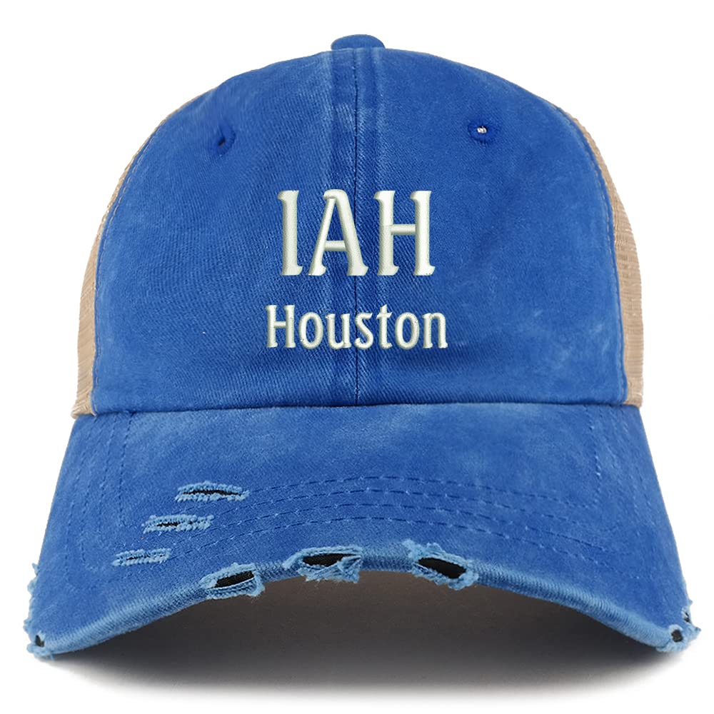 Trendy Apparel Shop IAH Houston Embroidered Frayed Bill Trucker Mesh Back Cap
