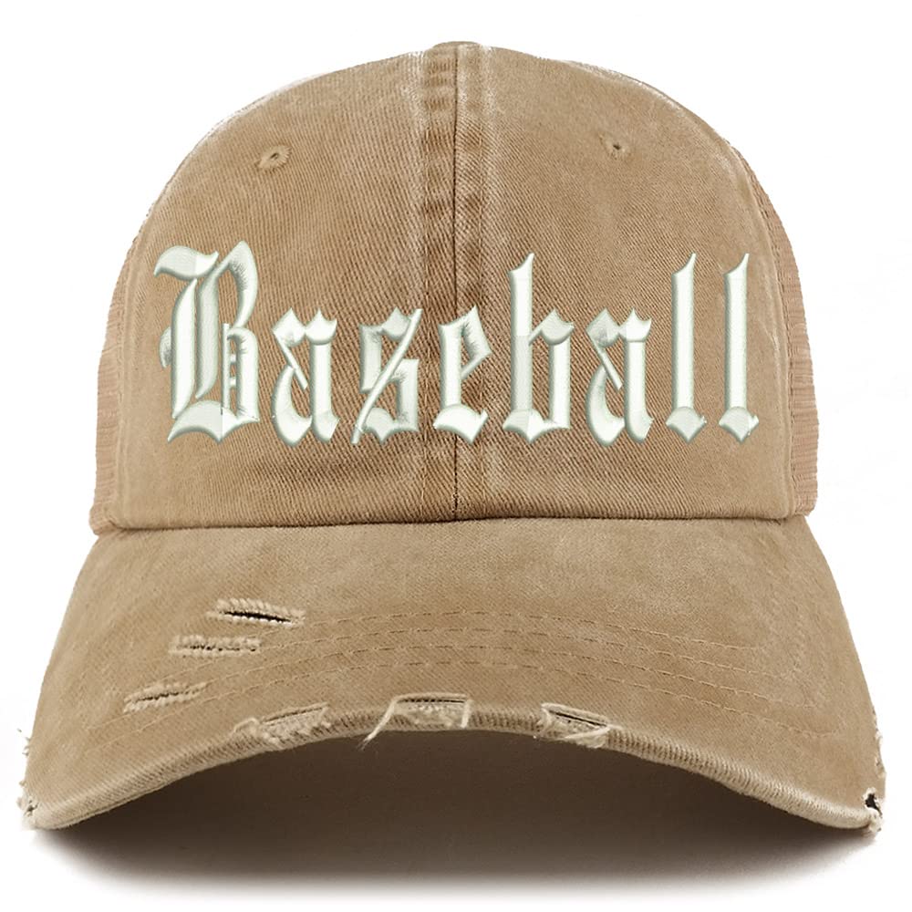 Trendy Apparel Shop Old English Baseball Frayed Bill Trucker Mesh Back Cap