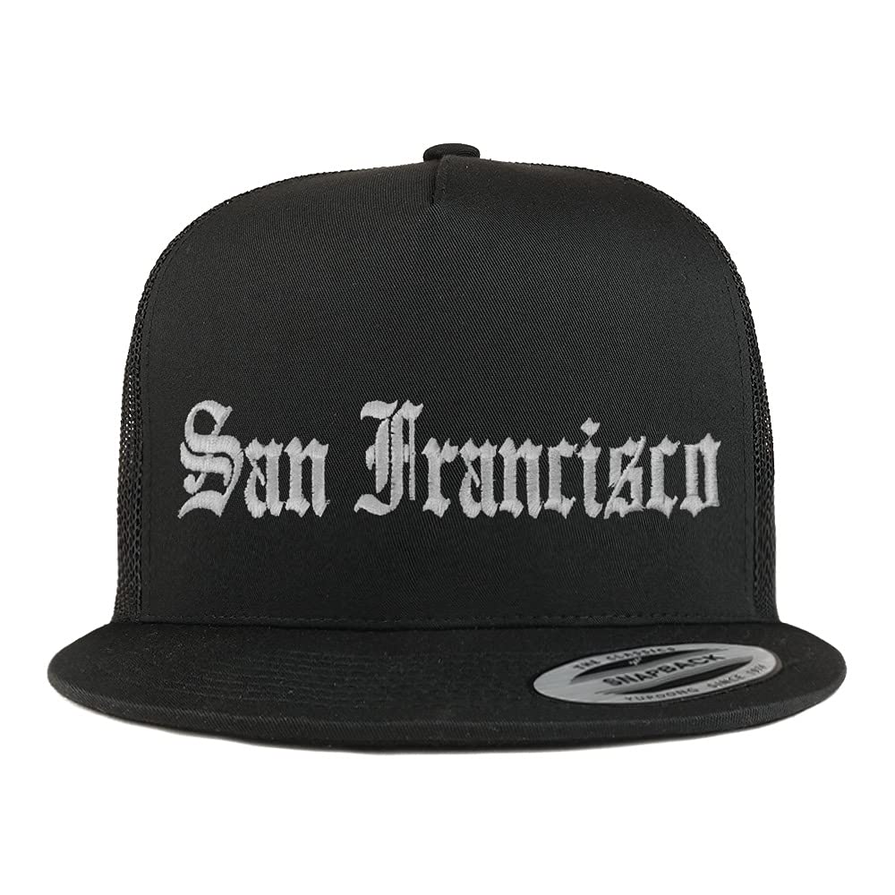 Trendy Apparel Shop San Francisco Old English 5 Panel Flatbill Trucker Cap