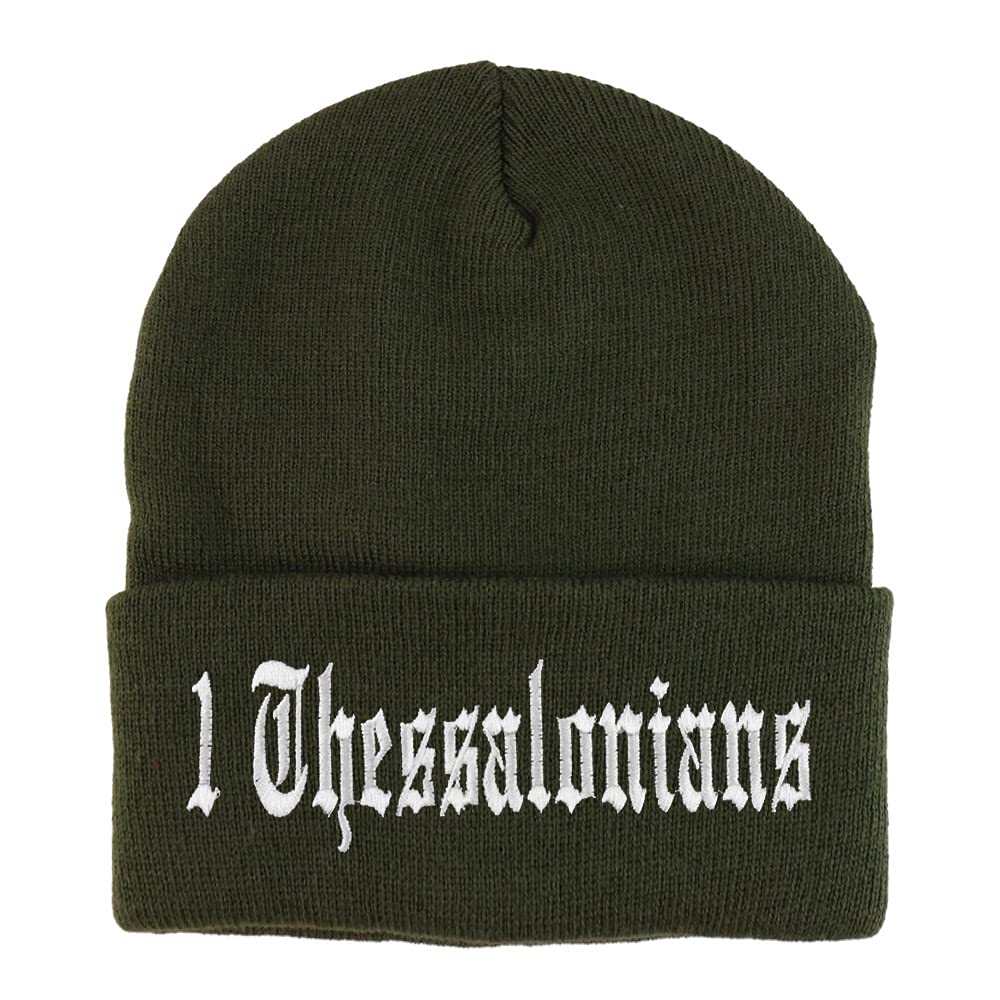 Trendy Apparel Shop 1 Thessalonians Old English Embroidered Long Cuff Beanie