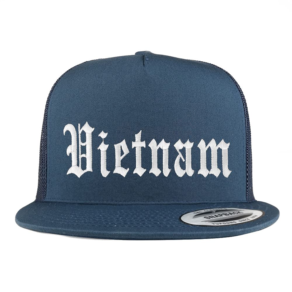 Trendy Apparel Shop Vietnam Old English 5 Panel Flatbill Trucker Cap