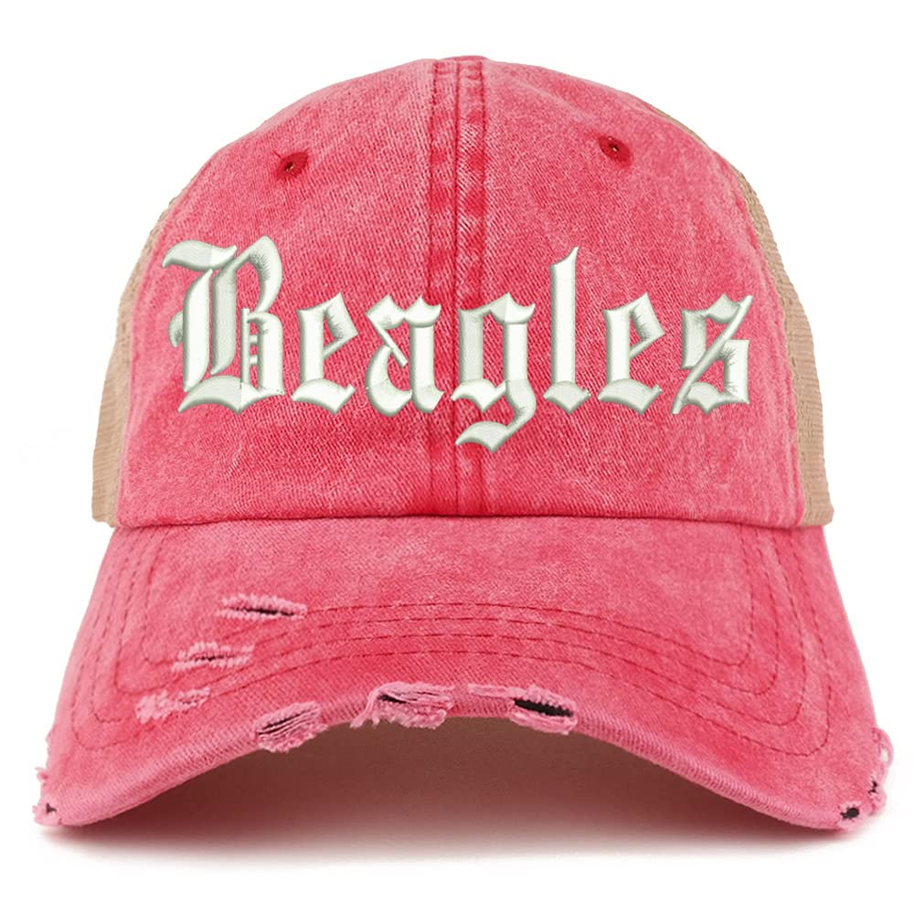 Trendy Apparel Shop Old English Beagles Frayed Bill Trucker Mesh Back Cap