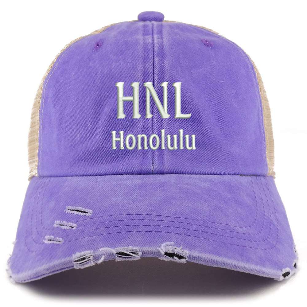 Trendy Apparel Shop HNL Honolulu Embroidered Frayed Bill Trucker Mesh Back Cap