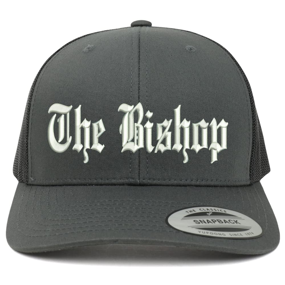 Trendy Apparel Shop The Bishop Old English Embroidered Retro Fit Trucker Mesh Cap