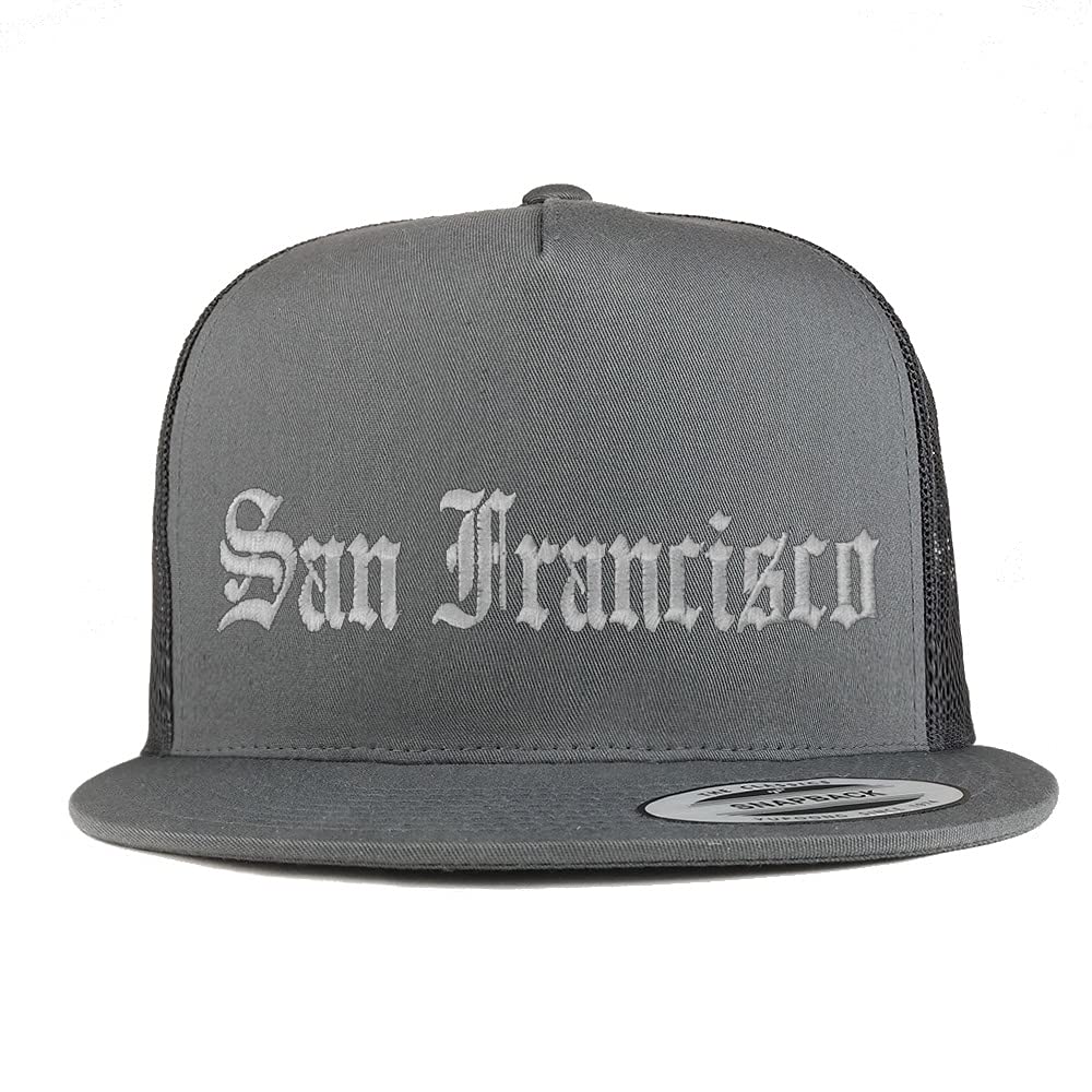 Trendy Apparel Shop San Francisco Old English 5 Panel Flatbill Trucker Cap