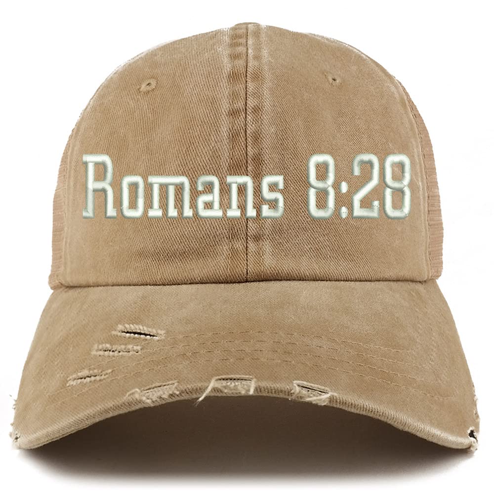 Trendy Apparel Shop Romans 8:28 Frayed Bill Trucker Mesh Back Cap