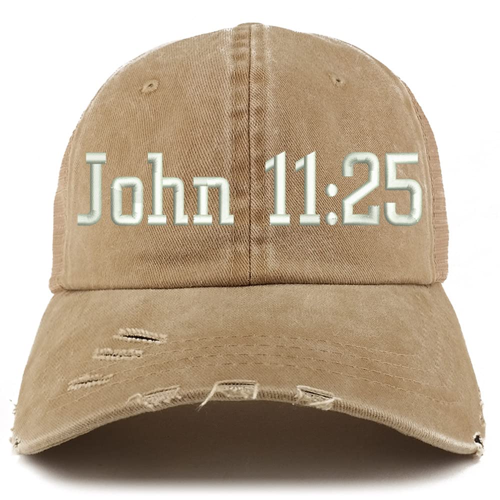 Trendy Apparel Shop John 11:25 Frayed Bill Trucker Mesh Back Cap