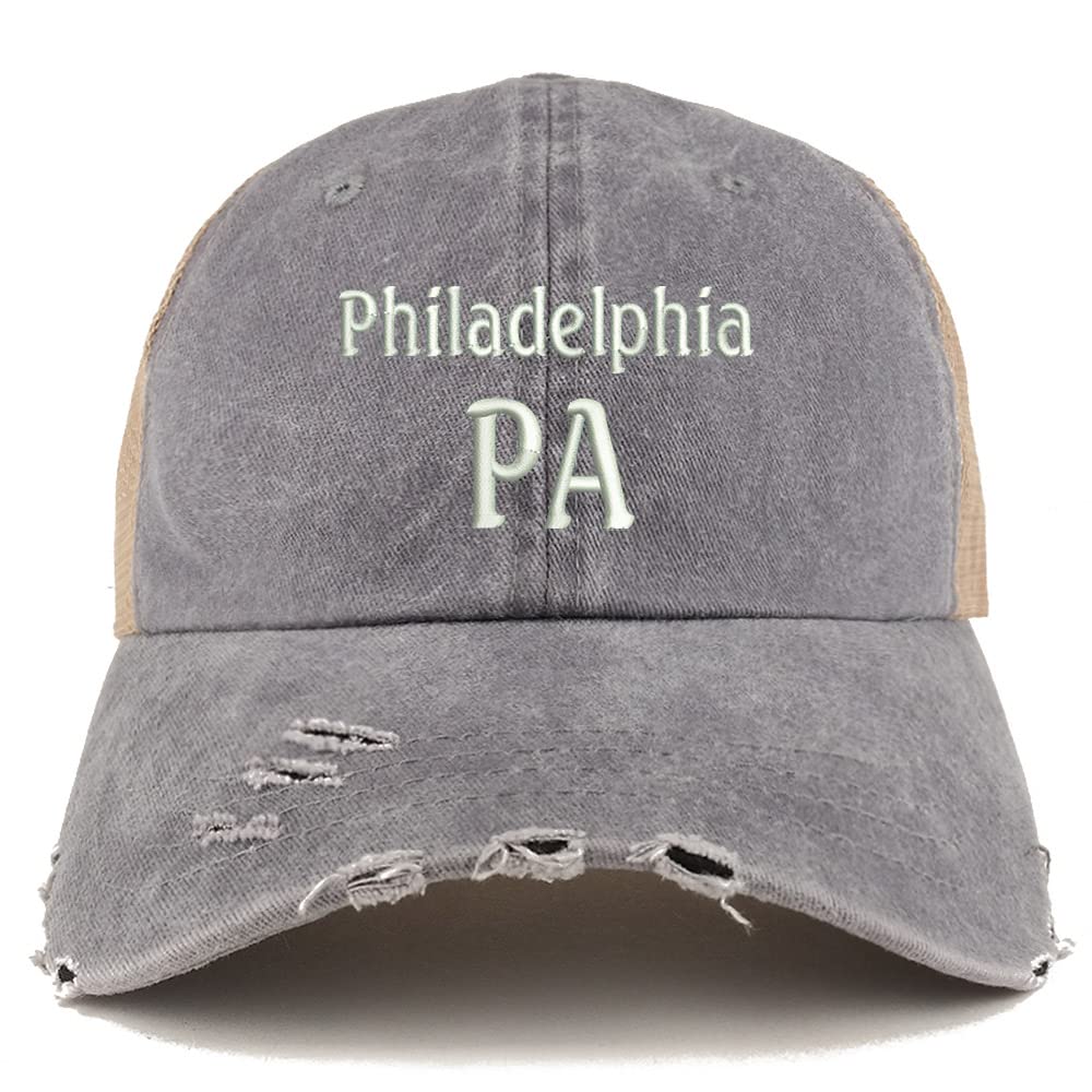 Trendy Apparel Shop Philadelphia PA Embroidered Frayed Bill Trucker Mesh Back Cap