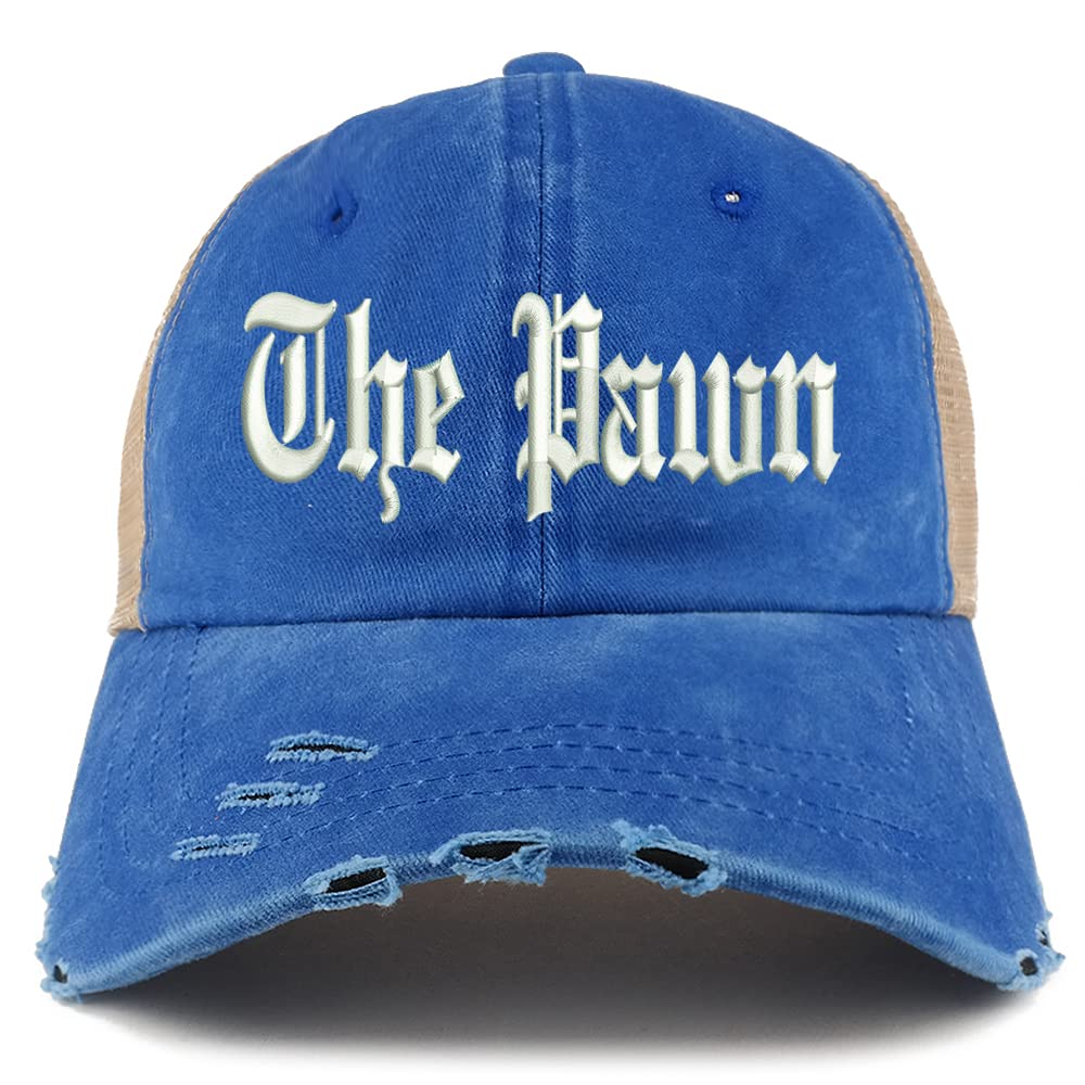 Trendy Apparel Shop The Pawn Old English Embroidered Frayed Bill Trucker Mesh Back Cap