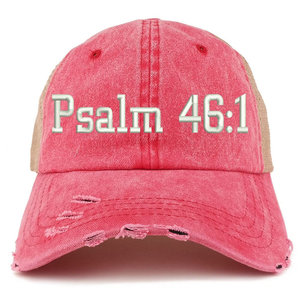 Trendy Apparel Shop Psalm 46:1 Frayed Bill Trucker Mesh Back Cap