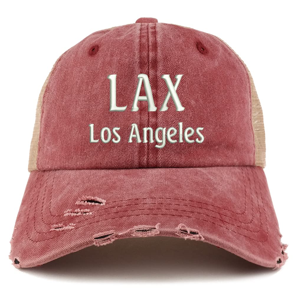 Trendy Apparel Shop LAX Los Angeles Embroidered Frayed Bill Trucker Mesh Back Cap
