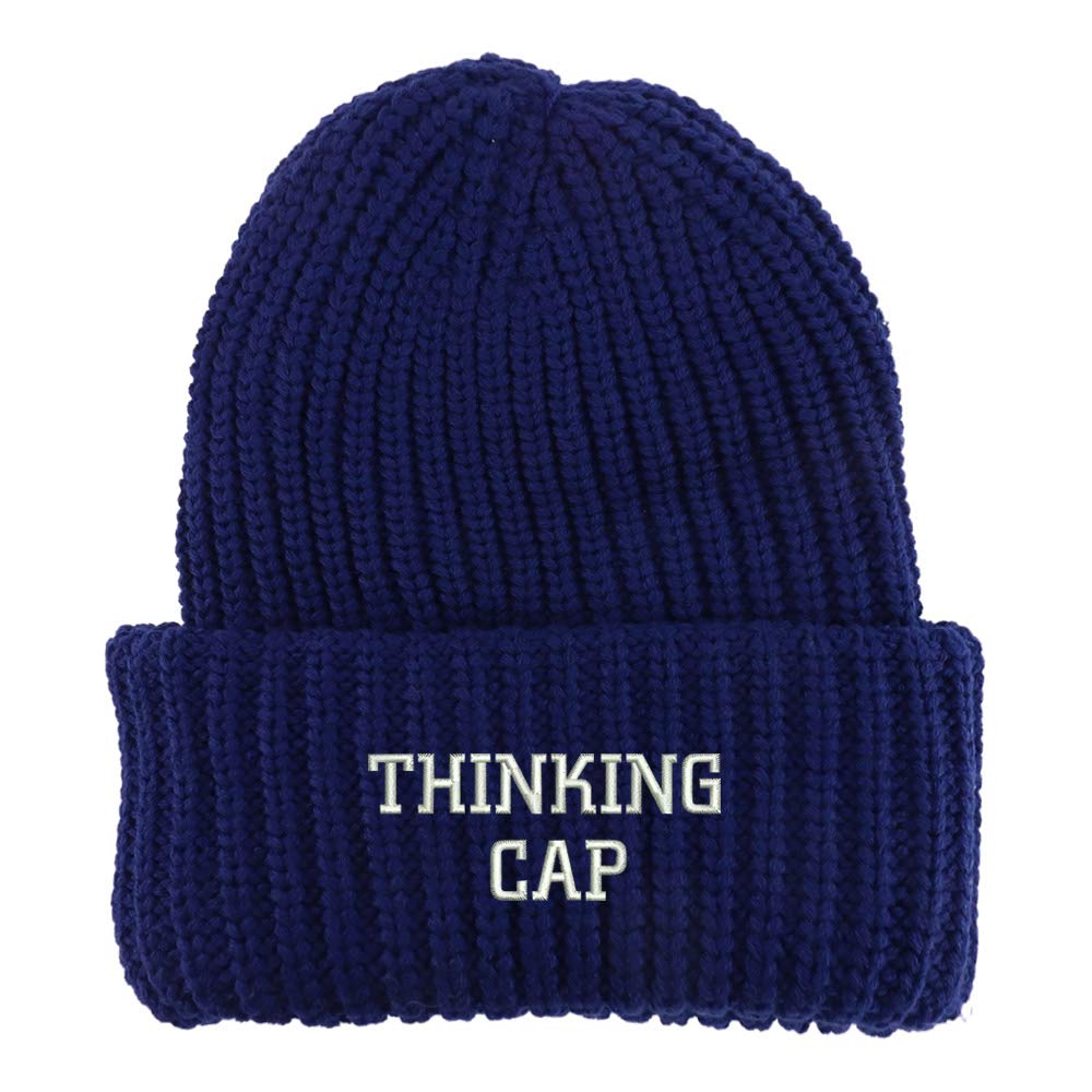 Trendy Apparel Shop Thinking Cap Embroidered Long Cuffed Thick Ribbed Beanie