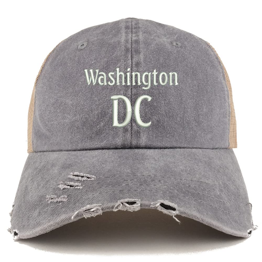 Trendy Apparel Shop Washington DC Embroidered Frayed Bill Trucker Mesh Back Cap