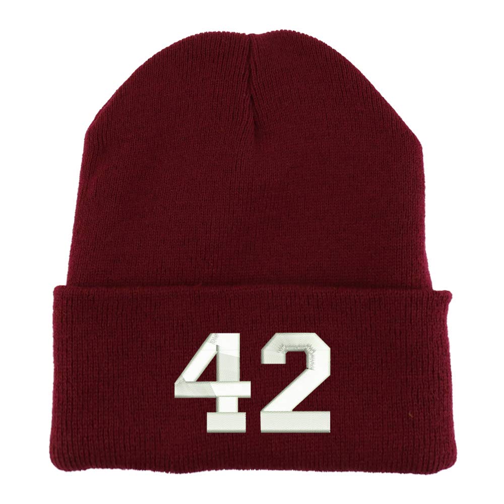 Trendy Apparel Shop Number 42 Collegiate Varsity Embroidered Made in USA Cuff Folded Acylic Knit Winter Beanie Hat