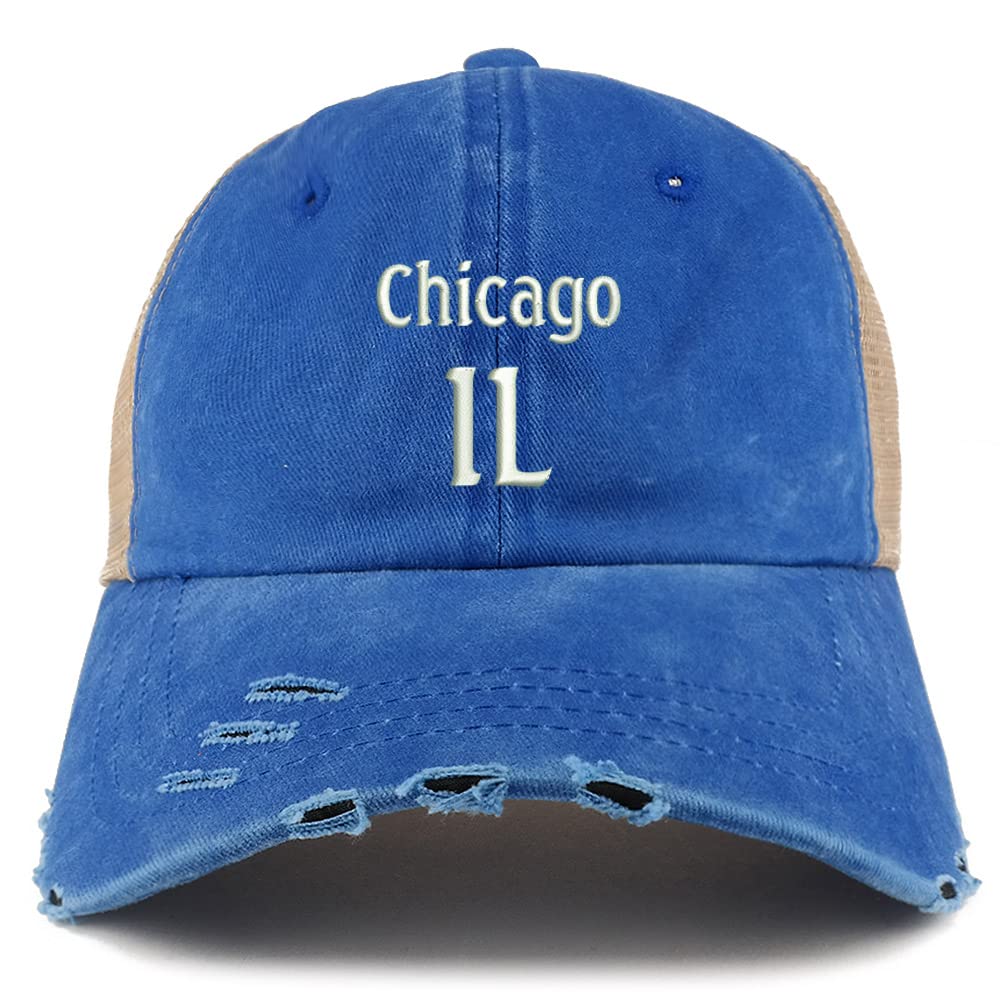 Trendy Apparel Shop Chicago IL Embroidered Frayed Bill Trucker Mesh Back Cap
