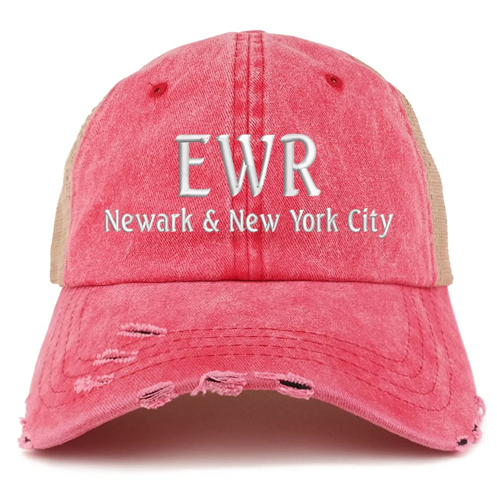 Trendy Apparel Shop EWR Newark and New York City Embroidered Frayed Bill Trucker Mesh Back Cap