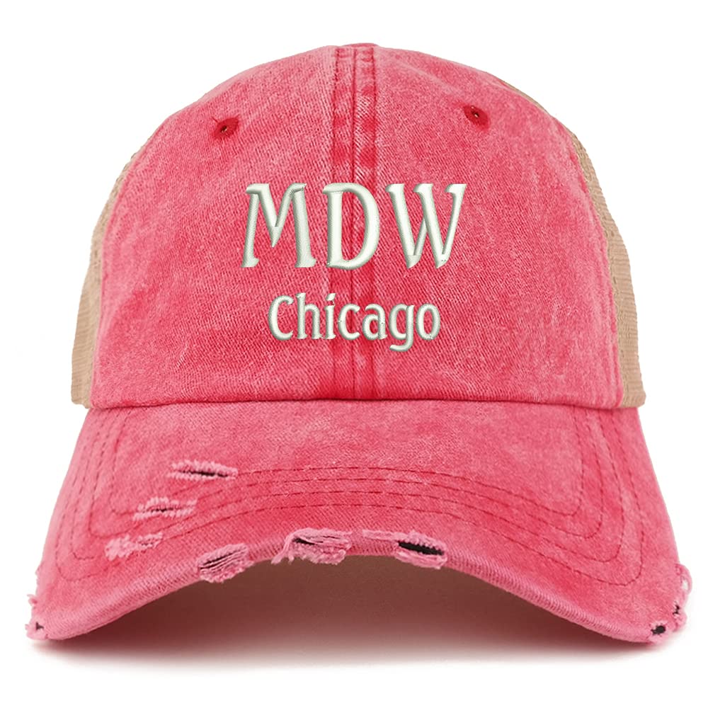 Trendy Apparel Shop MDW Chicago Embroidered Frayed Bill Trucker Mesh Back Cap