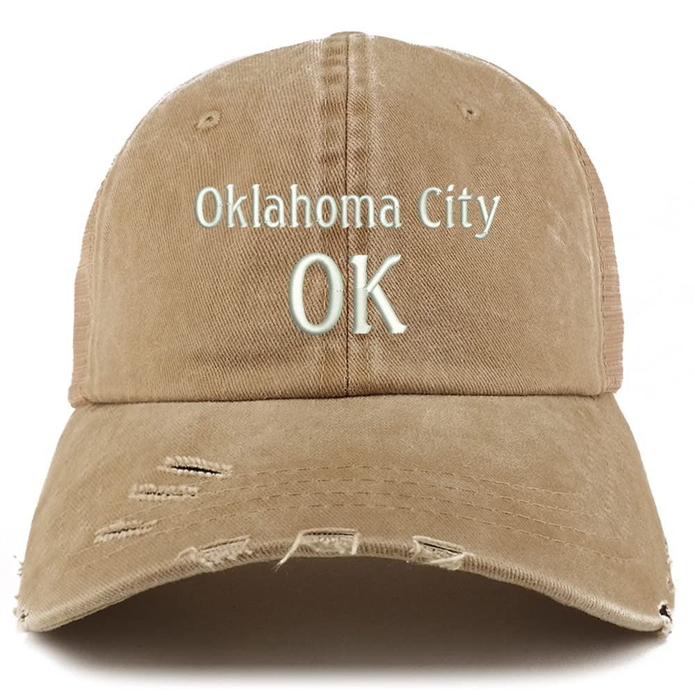 Trendy Apparel Shop Oklahoma City OK Embroidered Frayed Bill Trucker Mesh Back Cap