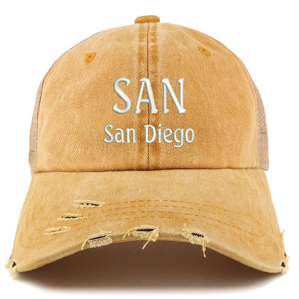 Trendy Apparel Shop SAN San Diego Embroidered Frayed Bill Trucker Mesh Back Cap