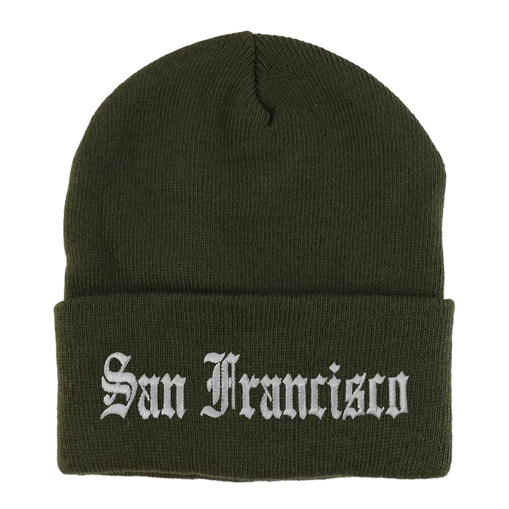 Trendy Apparel Shop San Francisco Old English Embroidered Long Cuff Beanie