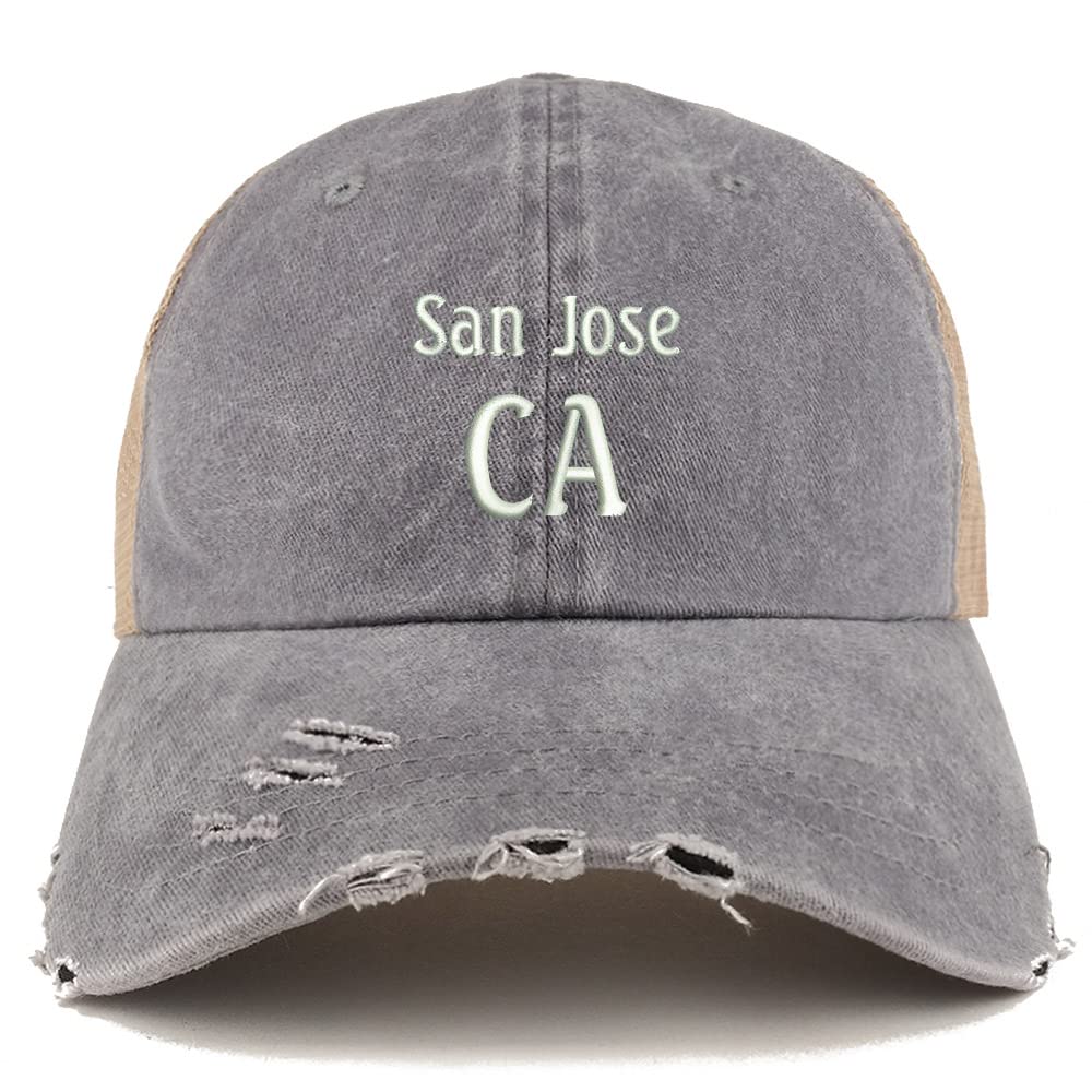 Trendy Apparel Shop San Jose CA Embroidered Frayed Bill Trucker Mesh Back Cap