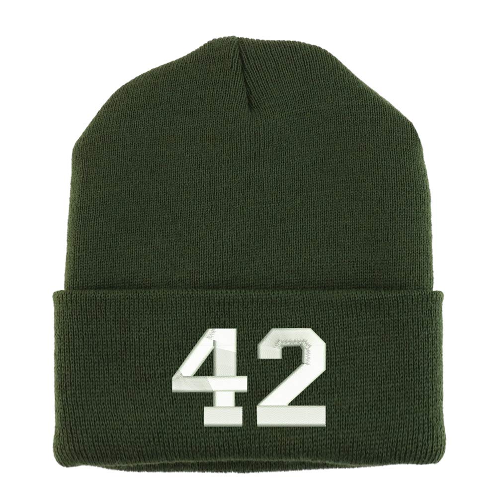 Trendy Apparel Shop Number 42 Collegiate Varsity Embroidered Made in USA Cuff Folded Acylic Knit Winter Beanie Hat