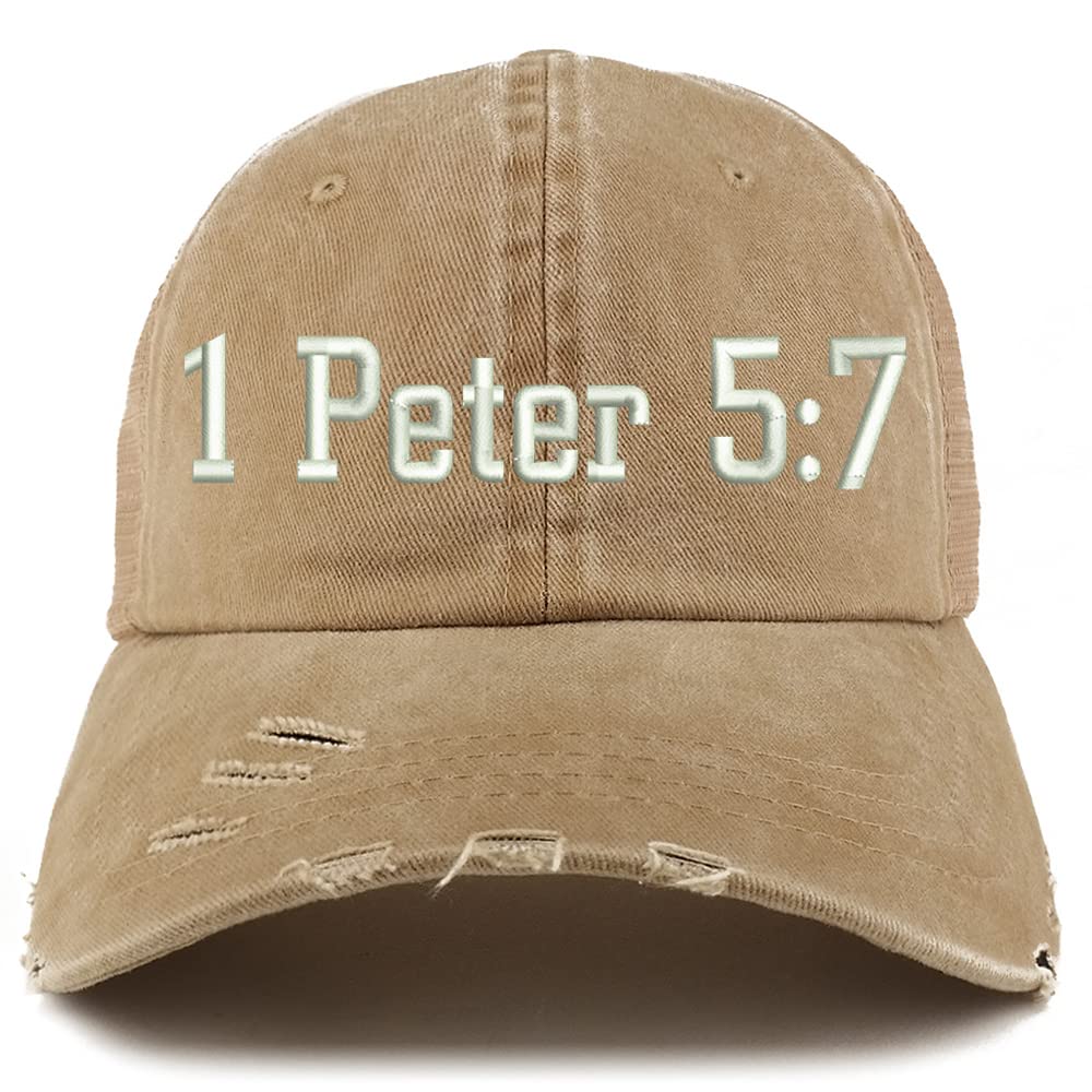Trendy Apparel Shop 1 Peter 5:7 Frayed Bill Trucker Mesh Back Cap