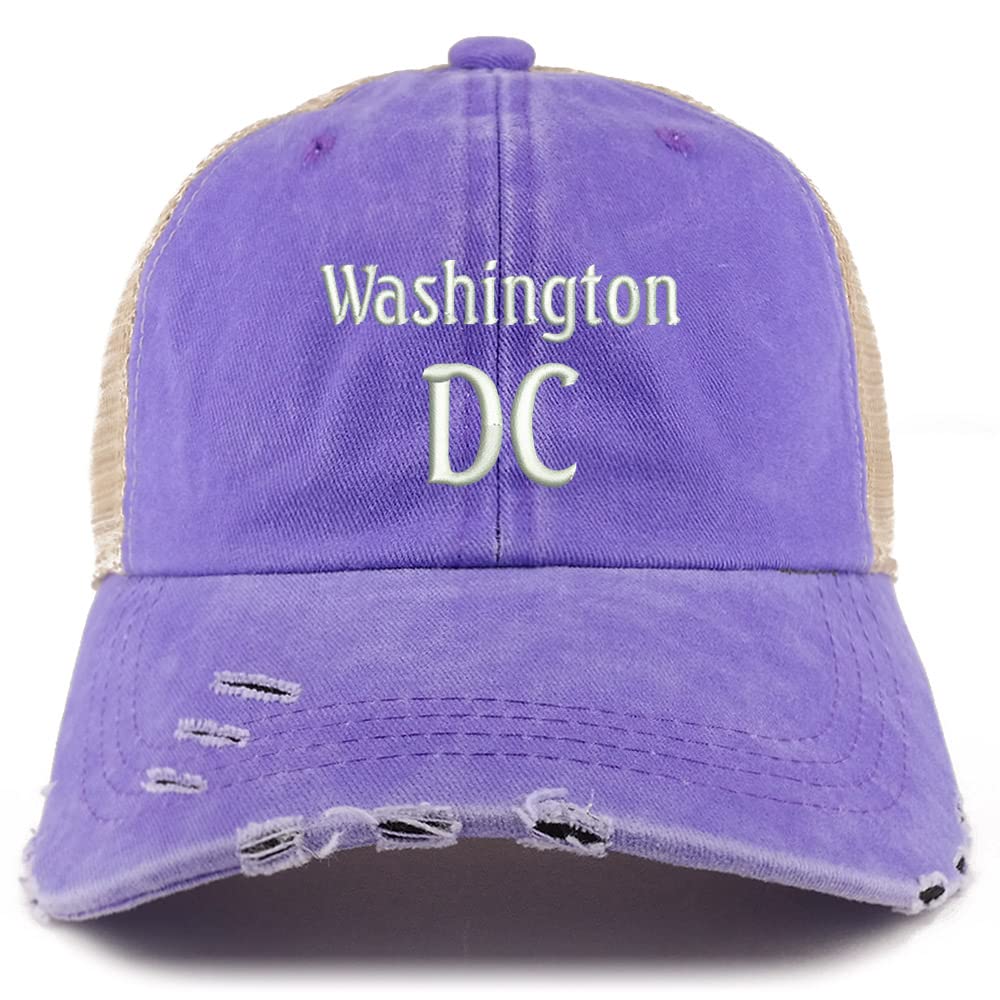 Trendy Apparel Shop Washington DC Embroidered Frayed Bill Trucker Mesh Back Cap