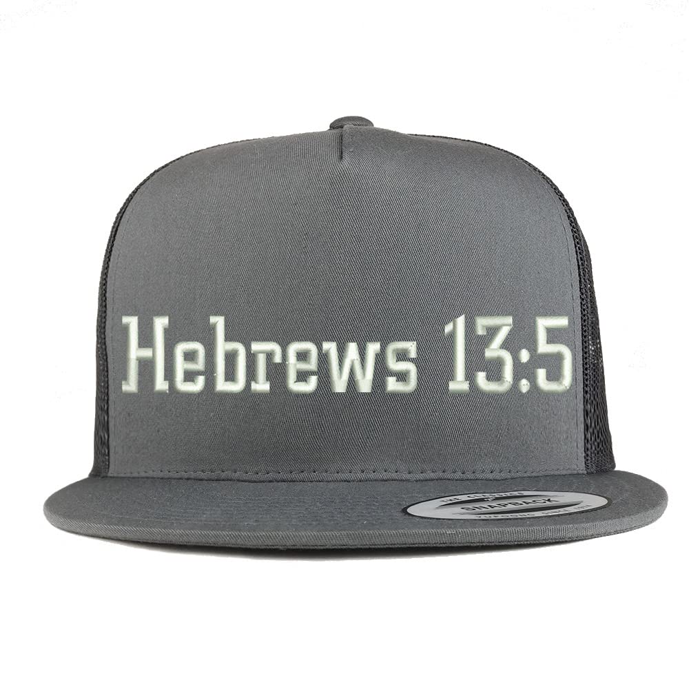 Trendy Apparel Shop Hebrews 13:5 5 Panel Flatbill Trucker Cap