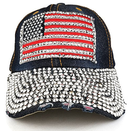 Trendy Apparel Shop Cubic Stoned USA Flag Embroidered Denim Cap with Stone Bill