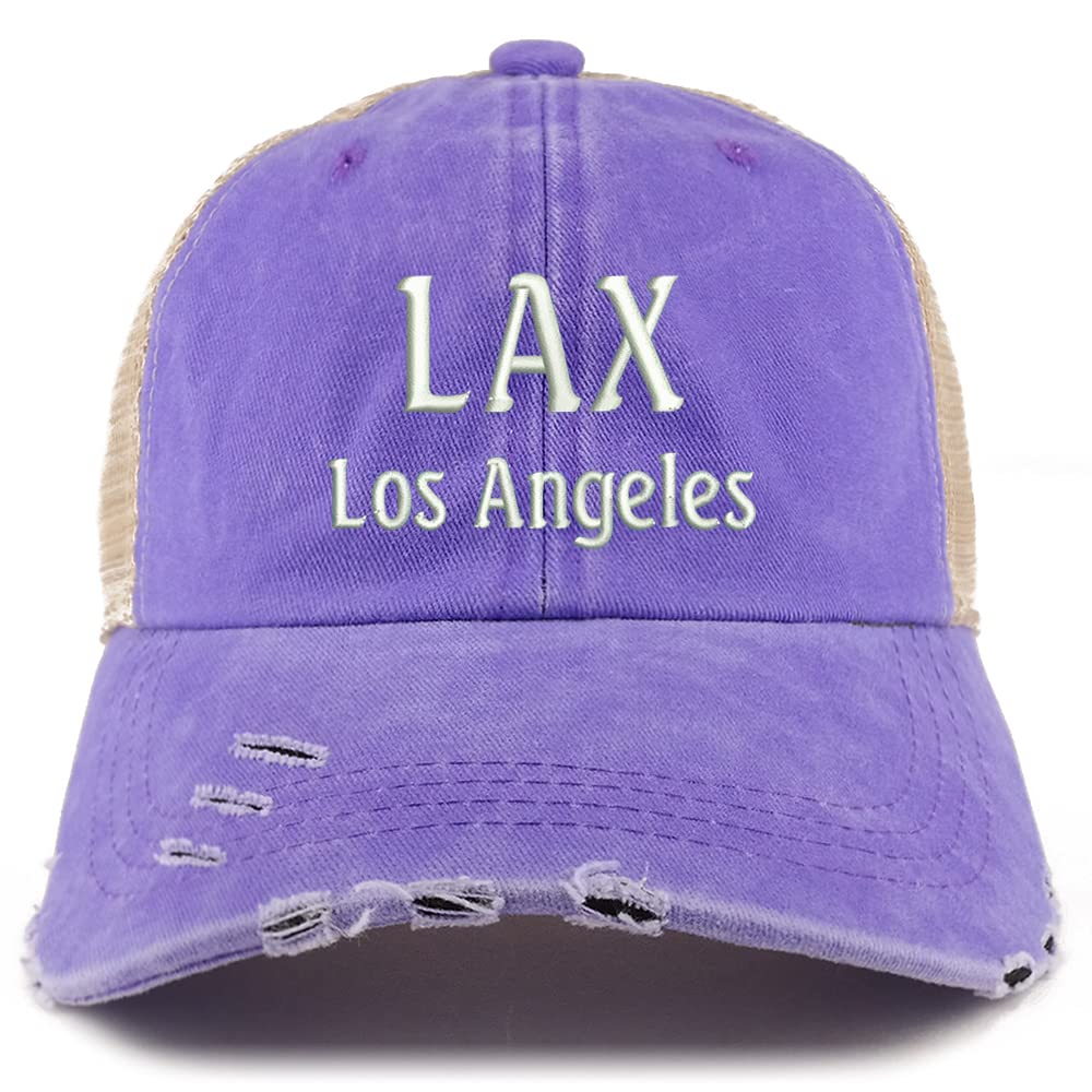 Trendy Apparel Shop LAX Los Angeles Embroidered Frayed Bill Trucker Mesh Back Cap
