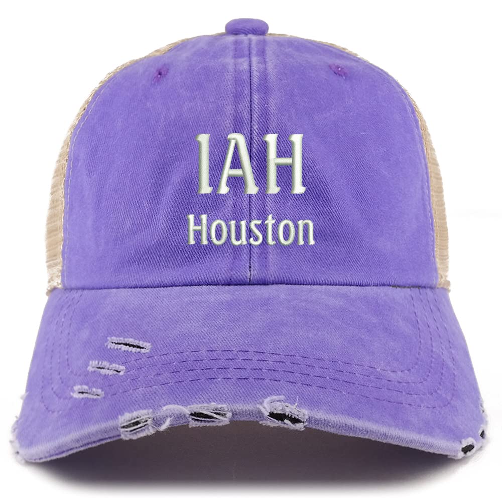 Trendy Apparel Shop IAH Houston Embroidered Frayed Bill Trucker Mesh Back Cap