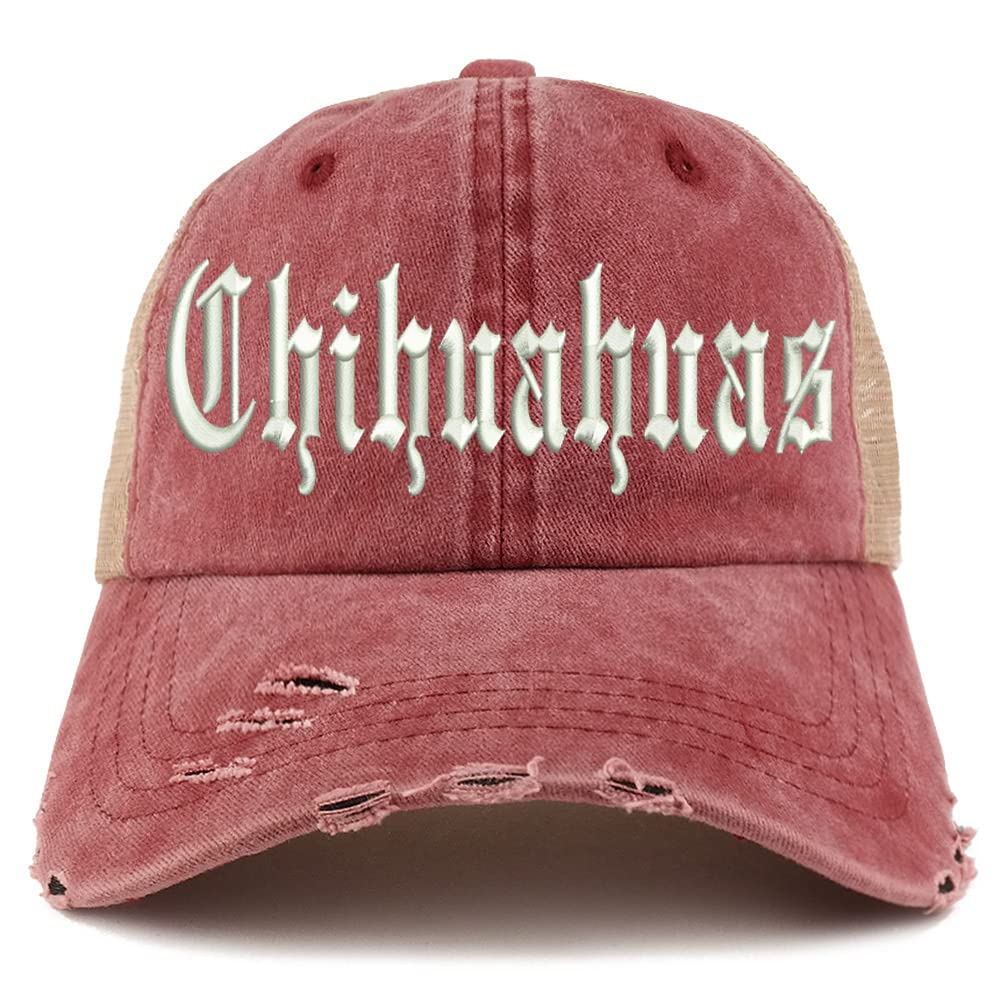 Trendy Apparel Shop Old English Chihuahuas Frayed Bill Trucker Mesh Back Cap